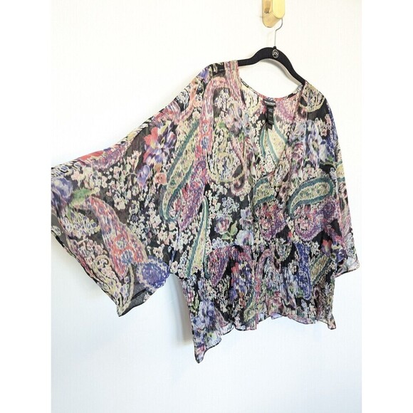 Bisou Bisou Michelle Bohbot Blouse Womens Size XL Multicolor Smocked Sheer Top - Picture 3 of 9